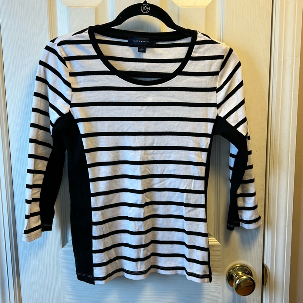 Striped White and Black Long Sleeve Small